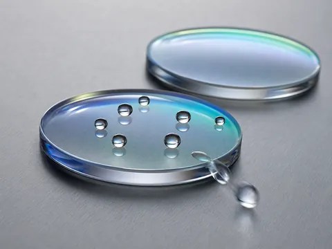 Coated optical lens surface with water droplets for hydrophobic performance review